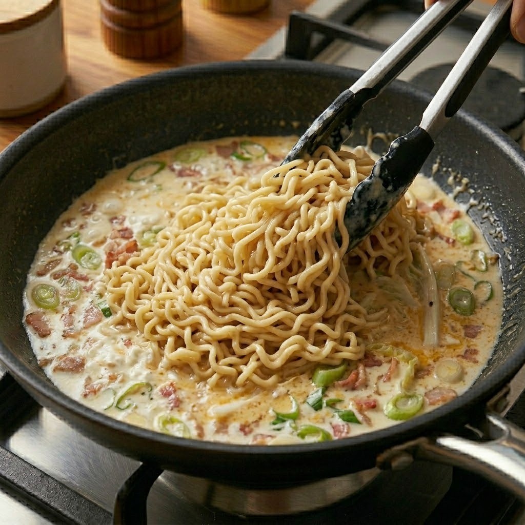 완성된 크림소스에 삶은 라면 사리를 넣고 자작하게 졸이는 과정