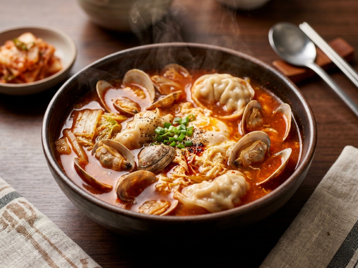 얼큰하고 시원한 짬뽕 국물 맛의 이연복 매운 바지락 만둣국 완성된 한 그릇
