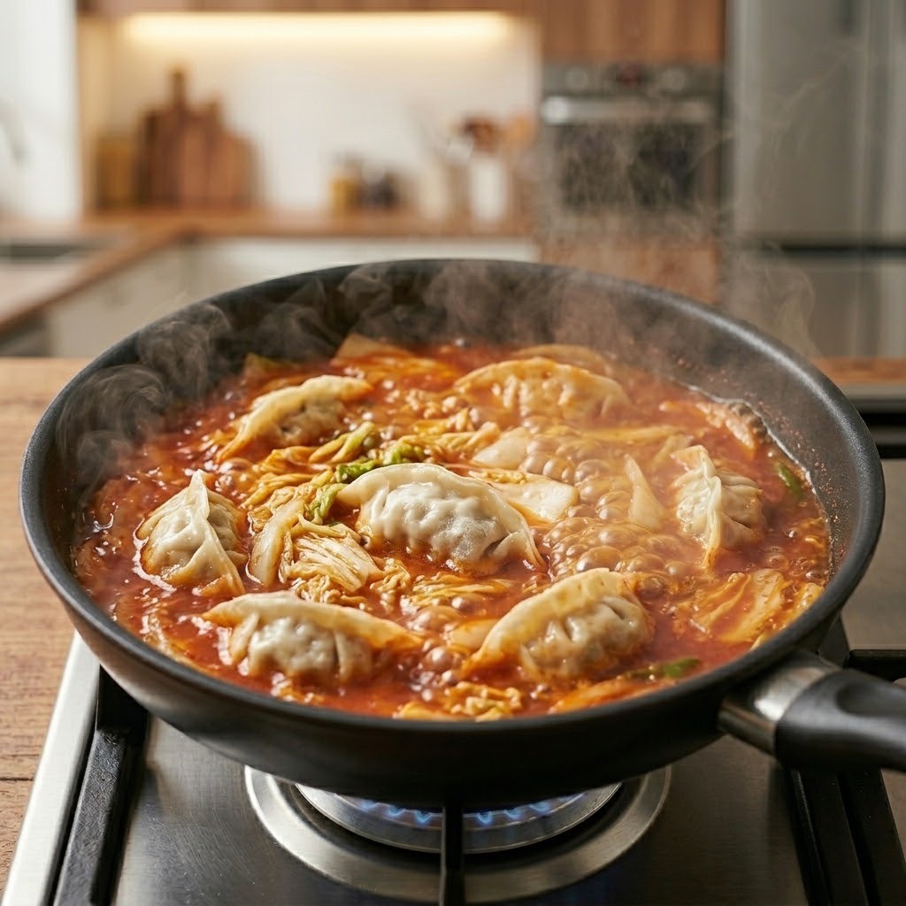 고추기름 낸 냄비에 물을 붓고 알배추와 냉동만두를 넣어 함께 끓이는 매운 만둣국 조리 중간 단계