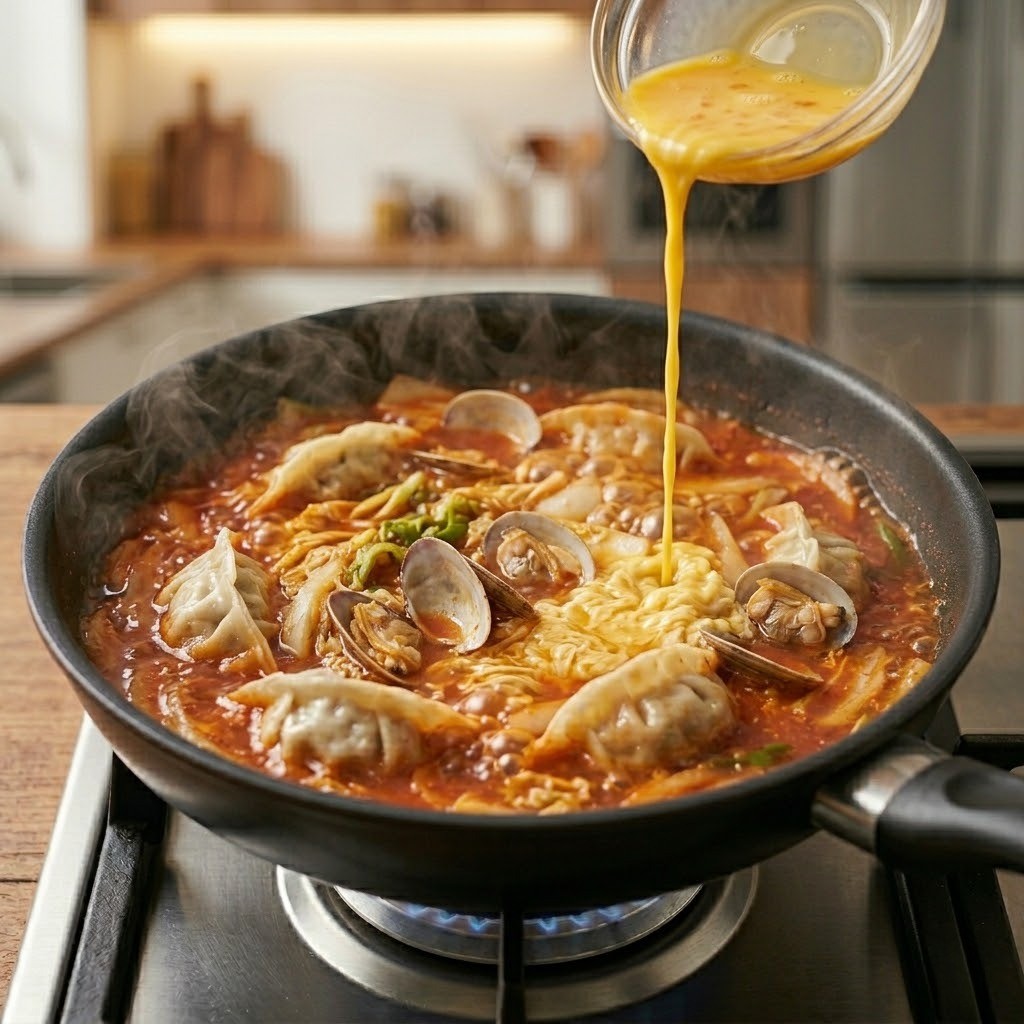 거의 완성된 얼큰한 만둣국에 신선한 바지락과 부드럽게 푼 달걀물을 둘러 마무리하는 조리 마지막 단계