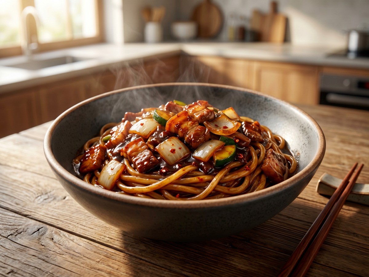 이연복 마라짜장면 레시피 - 짜장라면과 마라샹궈 소스로 만든 먹음직스러운 완성 요리