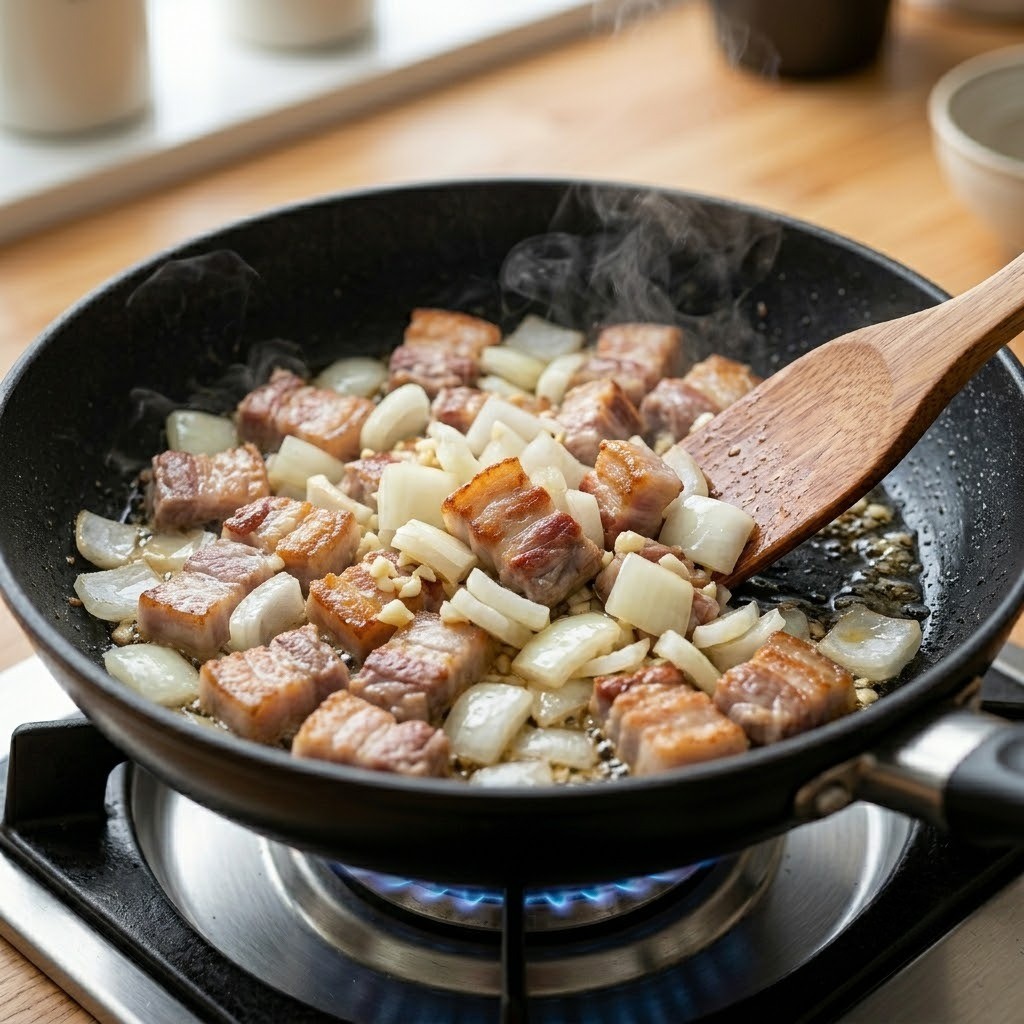 마라짜장면 4단계: 볶아진 고기에 썰어둔 양파를 넣고 투명해질 때까지 볶기