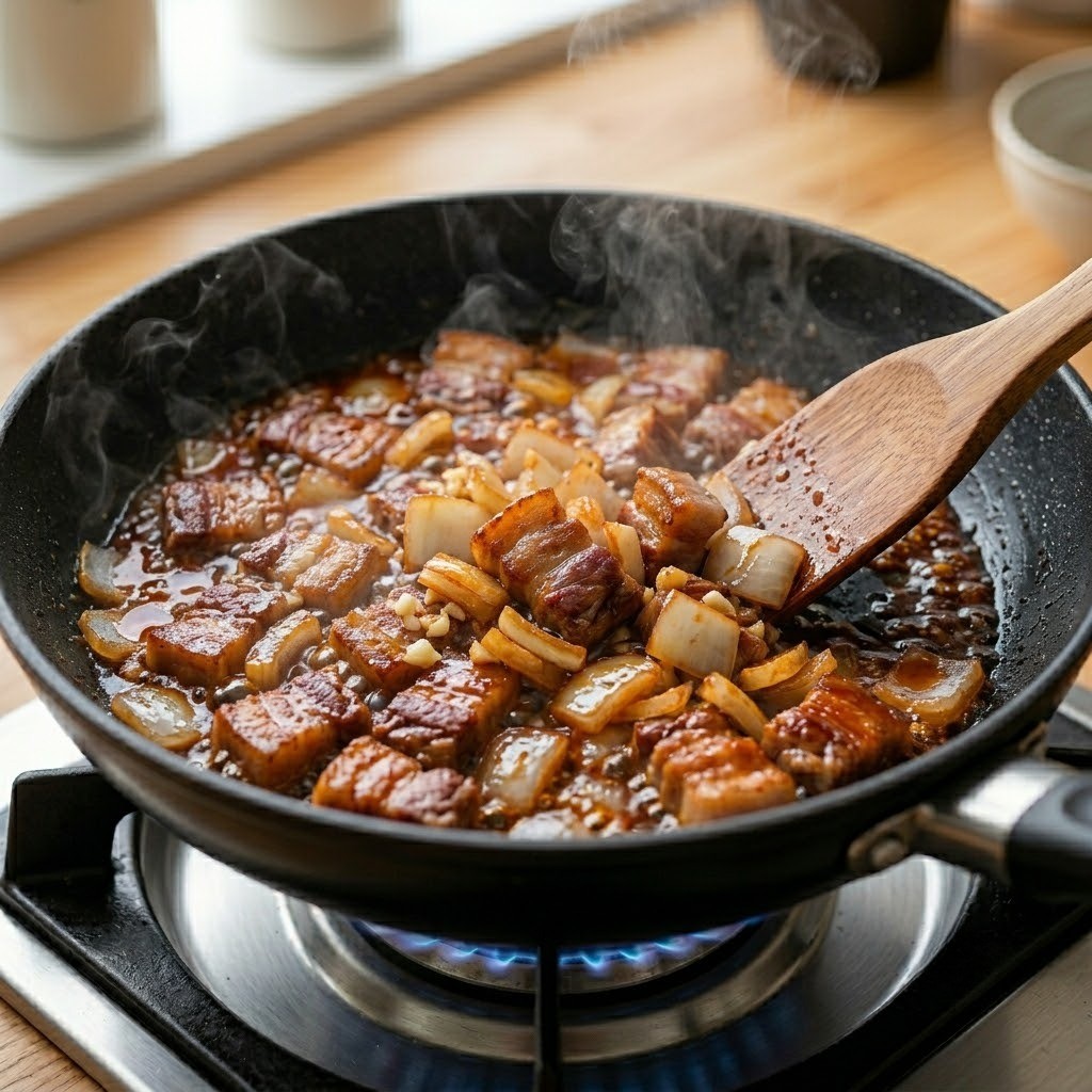 마라짜장면 5단계: 마라샹궈 소스, 짜장 분말스프, 면수를 넣고 졸이듯 볶아 소스 만들기