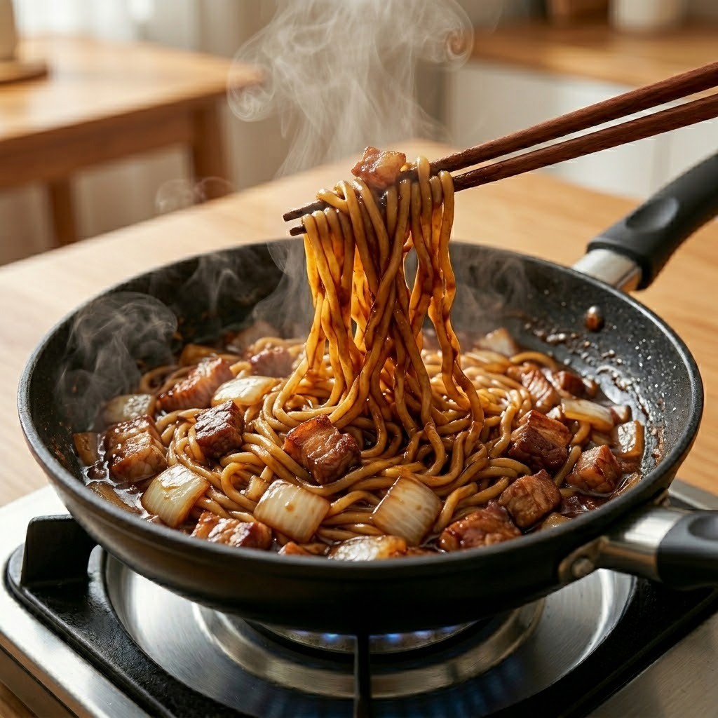 마라짜장면 6단계: 완성된 소스에 삶은 짜장라면 면을 넣고 윤기 나게 버무리기