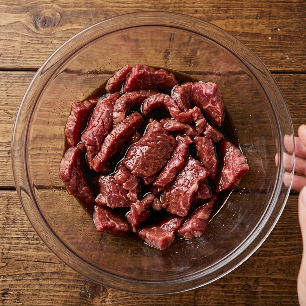 부채살을 한 입 크기로 썰어 맛간장으로 밑간을 하는 과정
