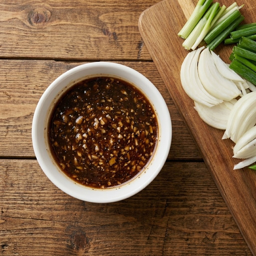 맛간장, 설탕, 굴소스, 미림, 다진마늘, 후춧가루를 섞어 중화불고기 양념장을 만드는 모습