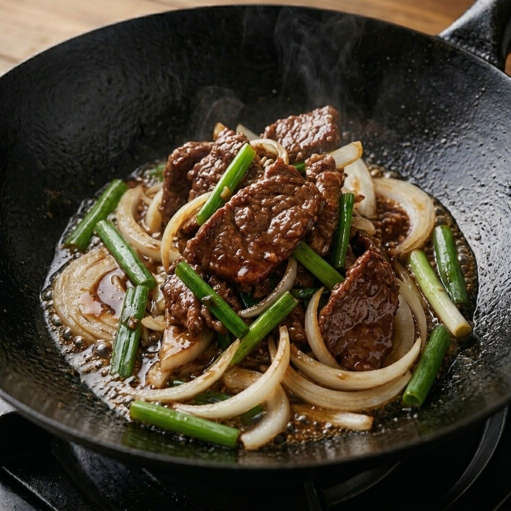 초벌한 소고기를 끓는 양념장에 넣고 센 불에서 빠르게 볶아 중화불고기를 완성하는 과정