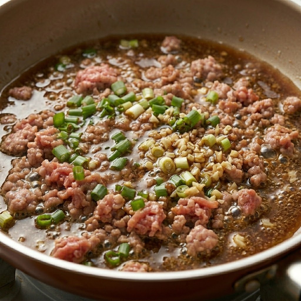 볶은 고기에 맛간장, 맛술, 물, 굴소스, 후춧가루를 넣고 바글바글 끓여 감칠맛 나는 마법의 소스를 만드는 모습