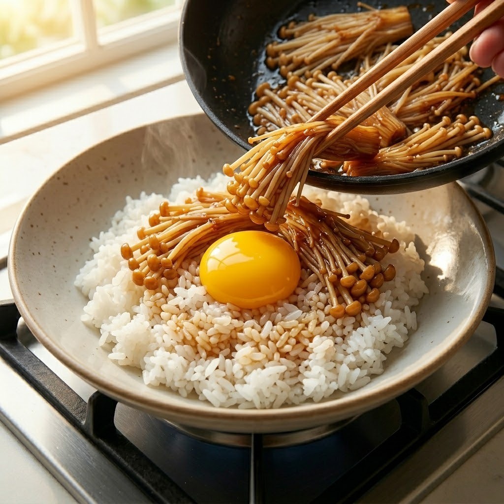 따뜻한 밥 위에 팽이버섯 조림, 달걀노른자, 쪽파를 올린 완성된 덮밥