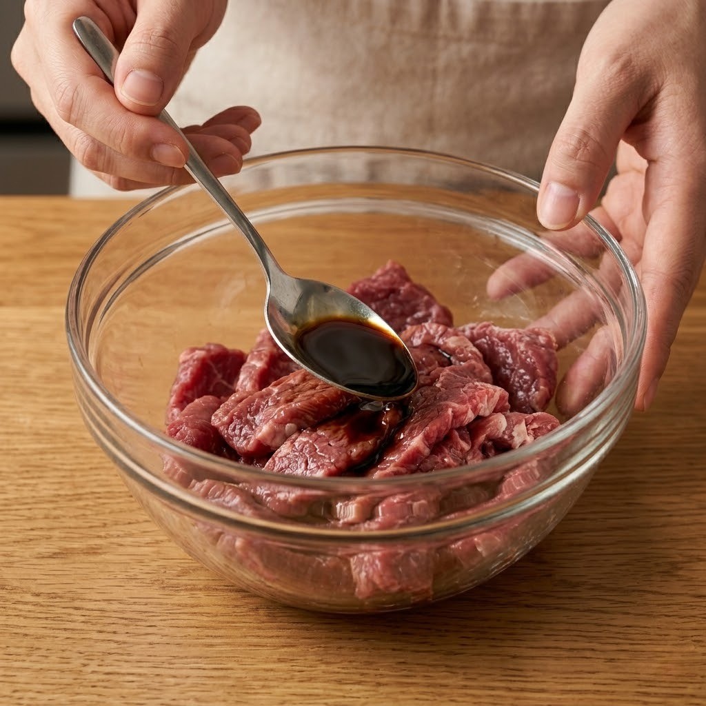 유리볼에 담긴 소고기 부채살에 맛간장을 넣고 손으로 조물조물 밑간하는 과정