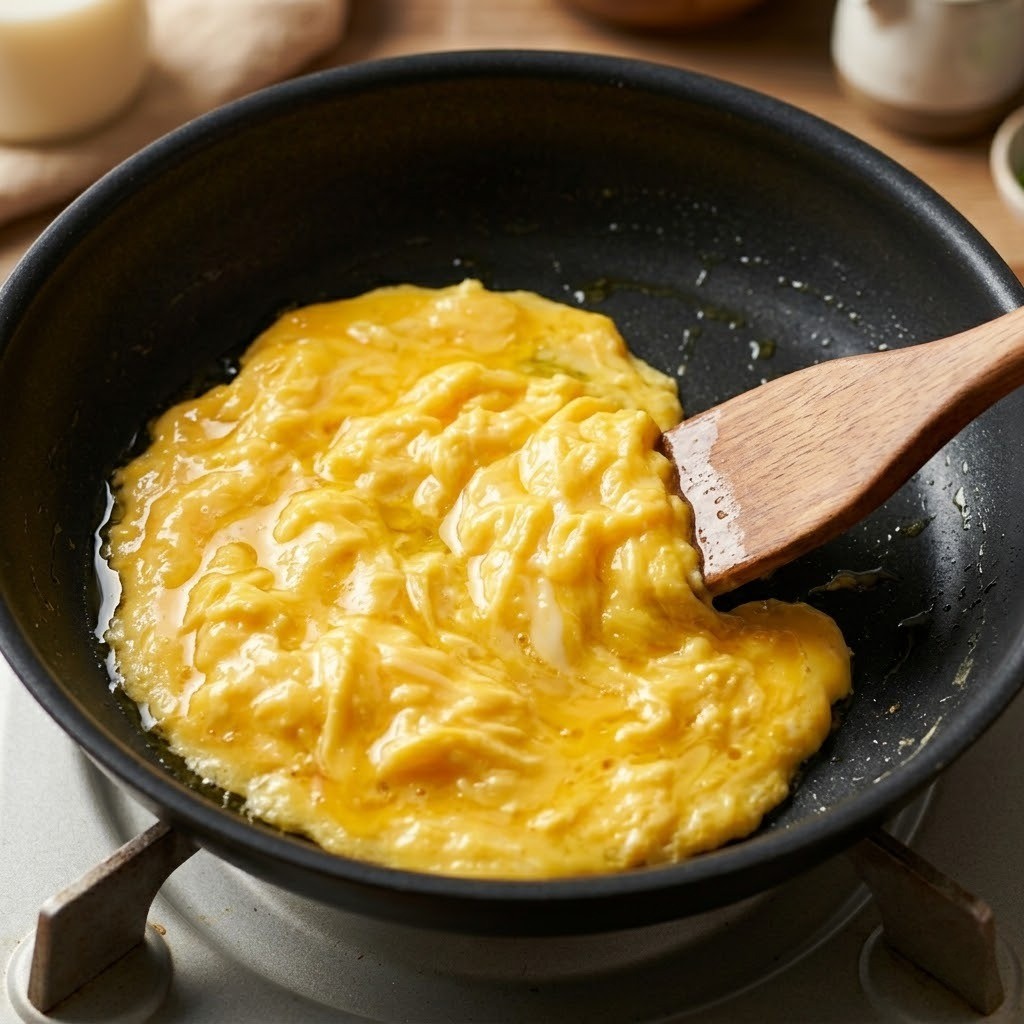 프라이팬에 계란을 풀어 촉촉한 반숙 스크램블 에그를 만드는 과정