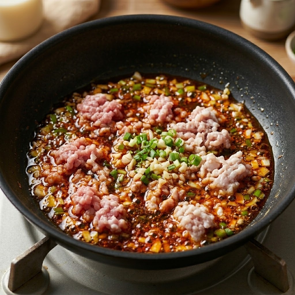 고추기름에 송송 썬 대파, 다진 마늘, 다진 돼지고기를 넣고 볶아 파기름 내는 과정