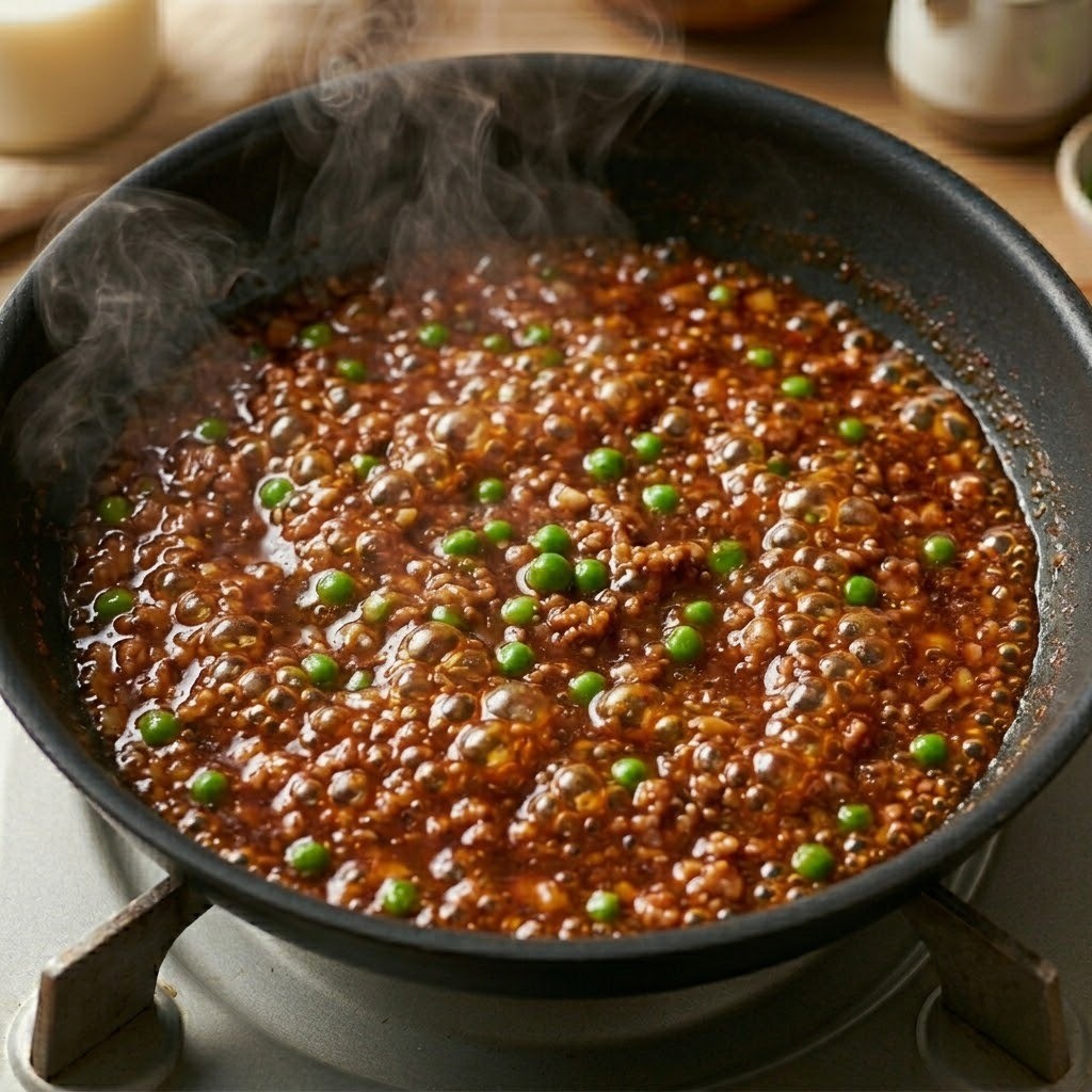 팬에 물, 맛간장, 두반장, 굴소스, 완두콩을 넣고 끓여 마파 소스를 만드는 과정