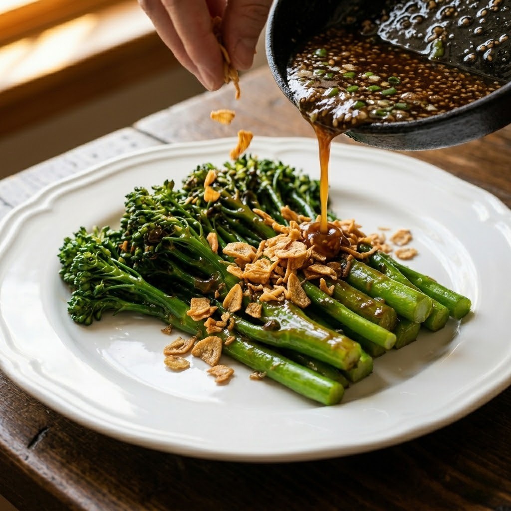 접시에 담긴 베이비 브로콜리 위에 완성된 굴소스를 붓고 바삭한 마늘 후레이크를 곁들인 먹음직스러운 조림 플레이팅