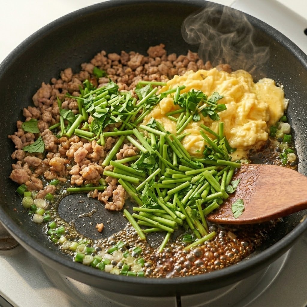 프라이팬 가장자리에 맛간장을 끓여 고기 볶음에 중식 특유의 불향을 입히는 모습