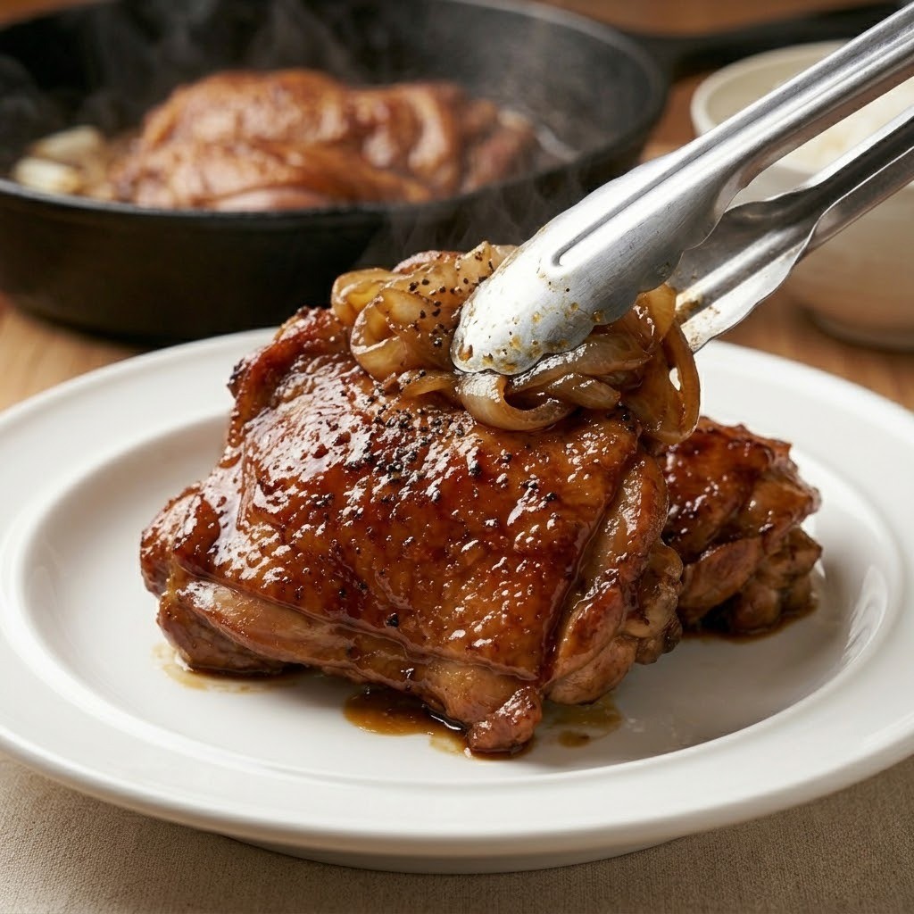 완성된 단짠 닭다리살 조림을 접시에 먹음직스럽게 담아낸 모습
