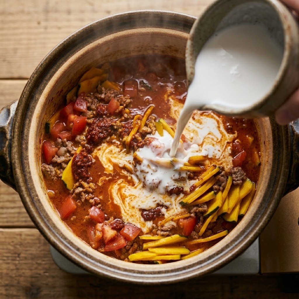 코코넛 밀크를 넣고 끓이는 레드 카레 조리 과정