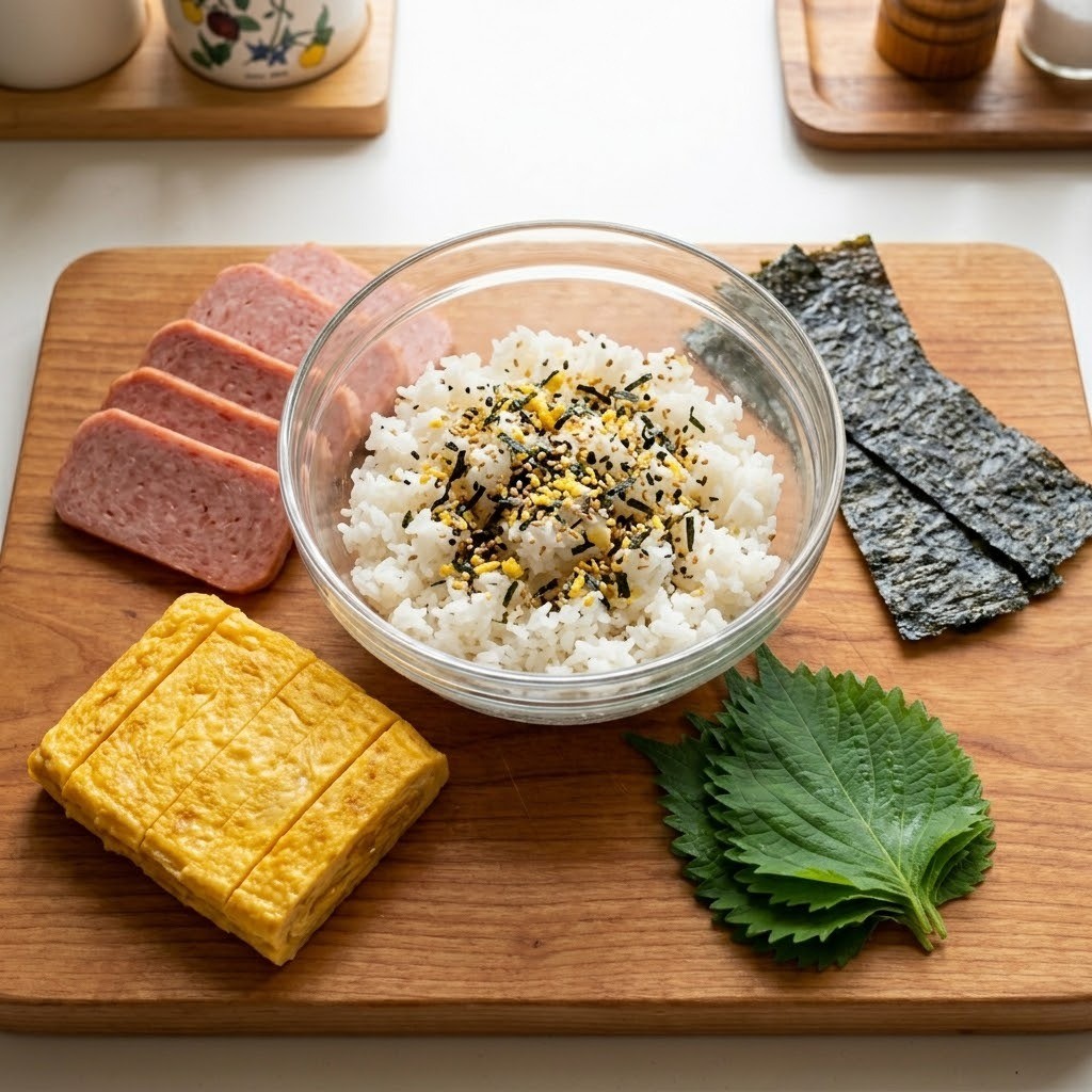 하와이안 주먹밥 만들기를 위한 고슬고슬한 밥 양념과 깻잎, 달걀지단 등 부재료 준비 과정