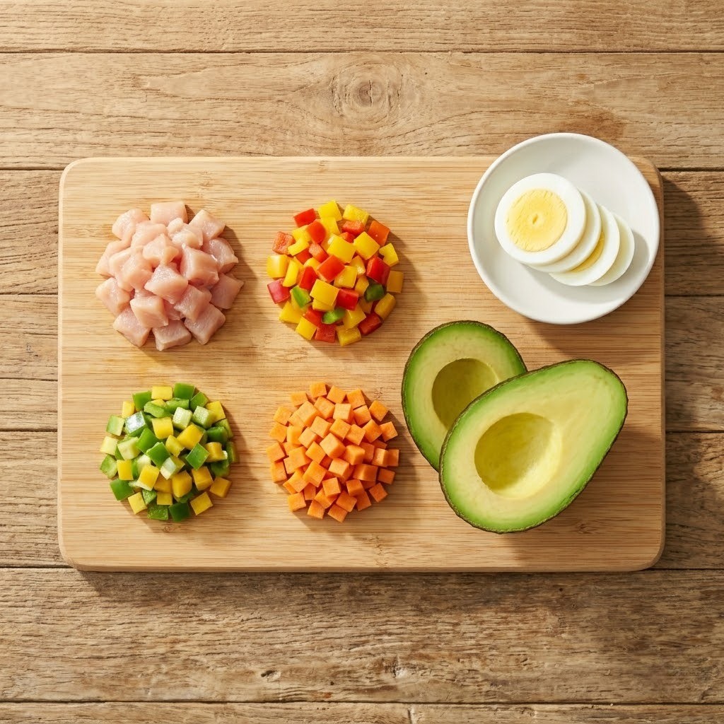 아보카도 가로 썰기 및 닭가슴살 채소 깍둑썰기 재료 손질