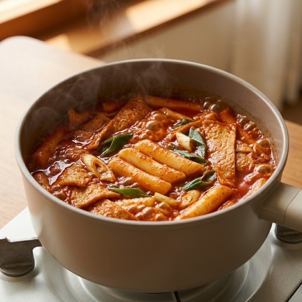 냄비에 구멍쌀떡과 매콤한 떡볶이 양념, 어묵, 대파를 넣고 바글바글 끓이는 과정
