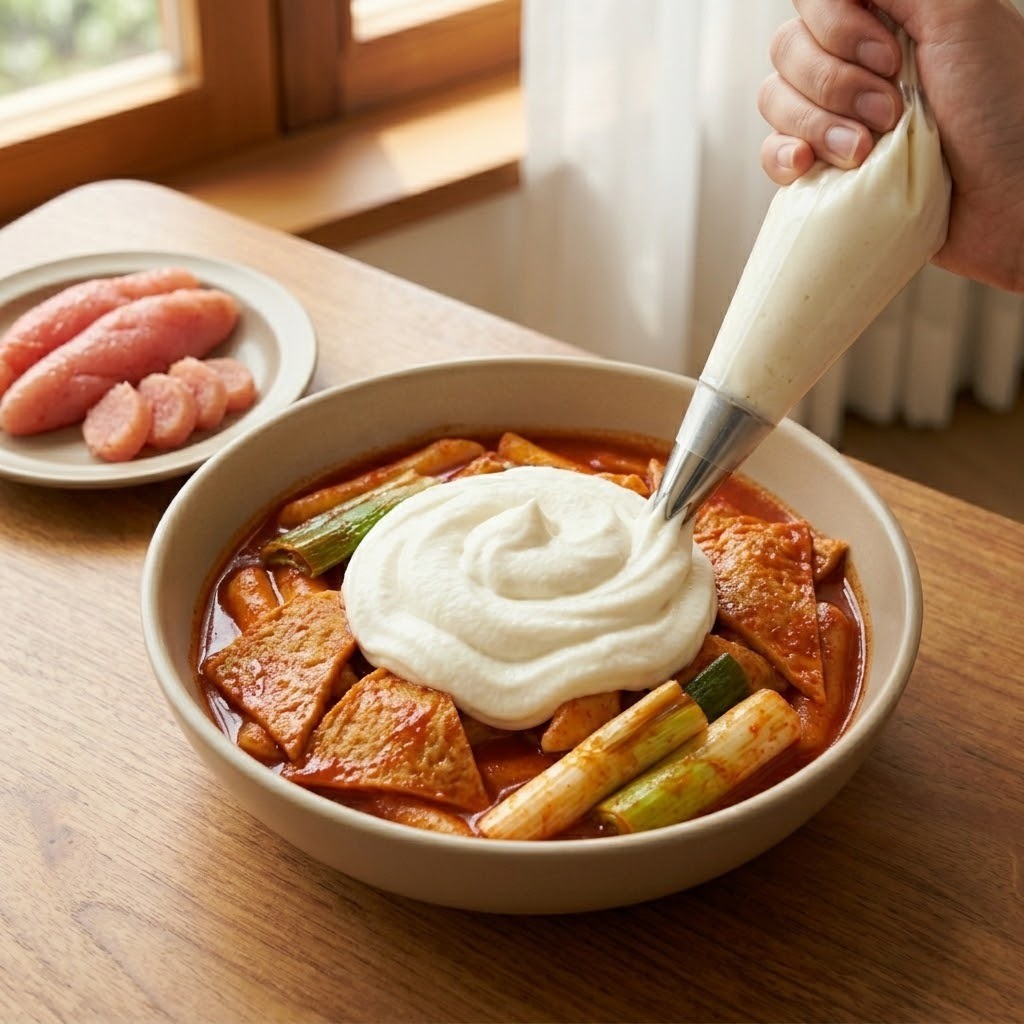 매콤한 떡볶이 위에 짤주머니로 하얀 감자크림을 듬뿍 짜 올리고 그 위에 짭조름한 명란을 토핑하는 마무리 과정
