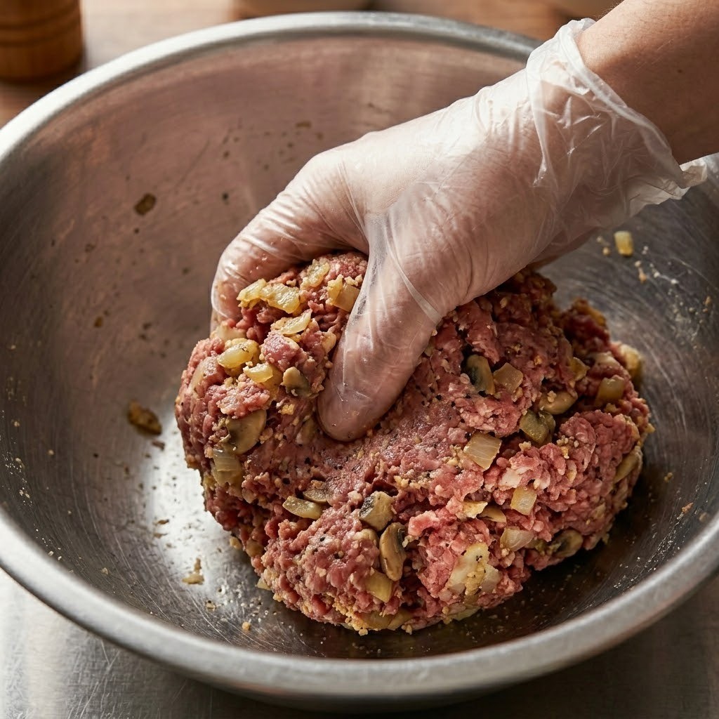 소고기 반죽을 찰기가 생기도록 손으로 치대는 모습