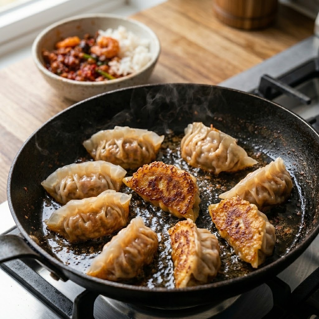 마라샹궈 만두소에 찹쌀밥을 넣고 볶은 후 프라이팬에 바삭하게 군만두 굽는 과정