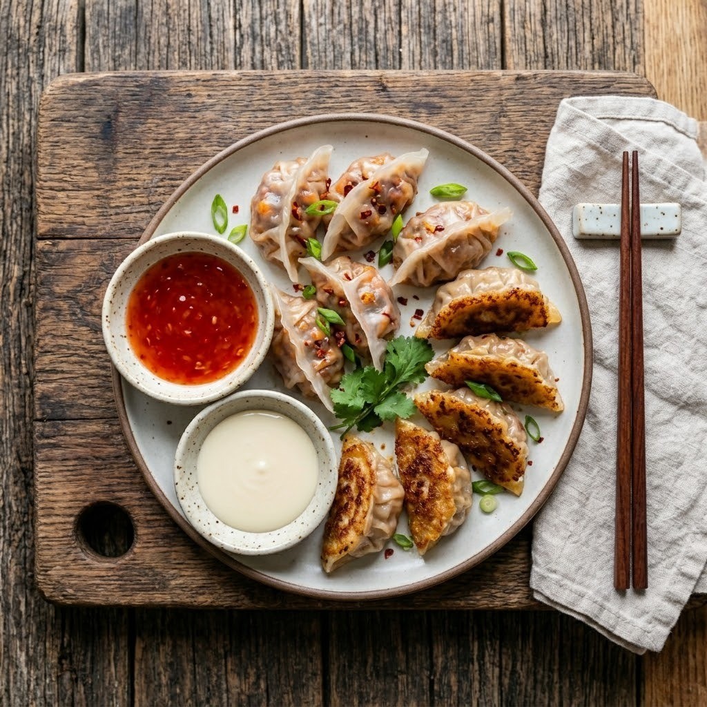 스위트칠리소스와 연유를 곁들인 두 가지 맛의 마라샹궈 밥만두 플레이팅