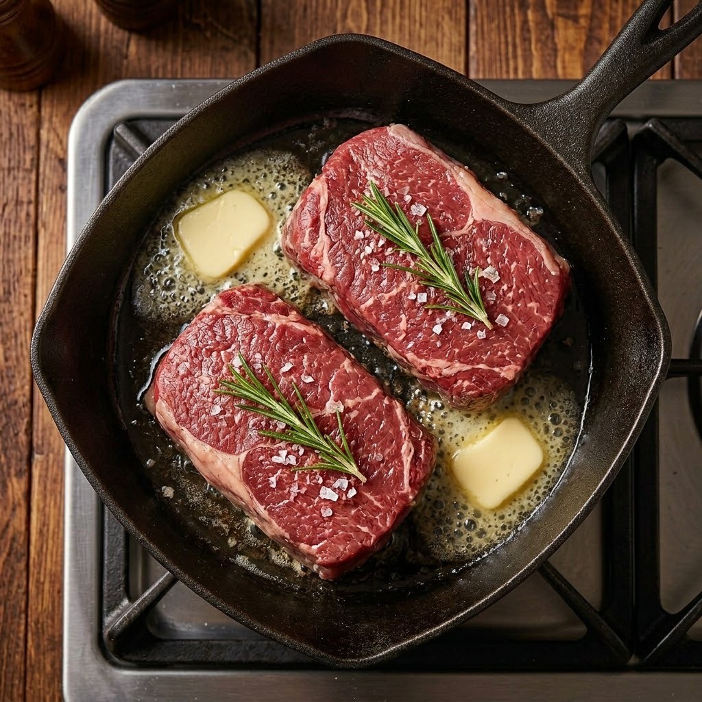 식빵 크기로 자른 우둔살을 버터에 굽고 로즈마리와 소금으로 간을 하는 과정