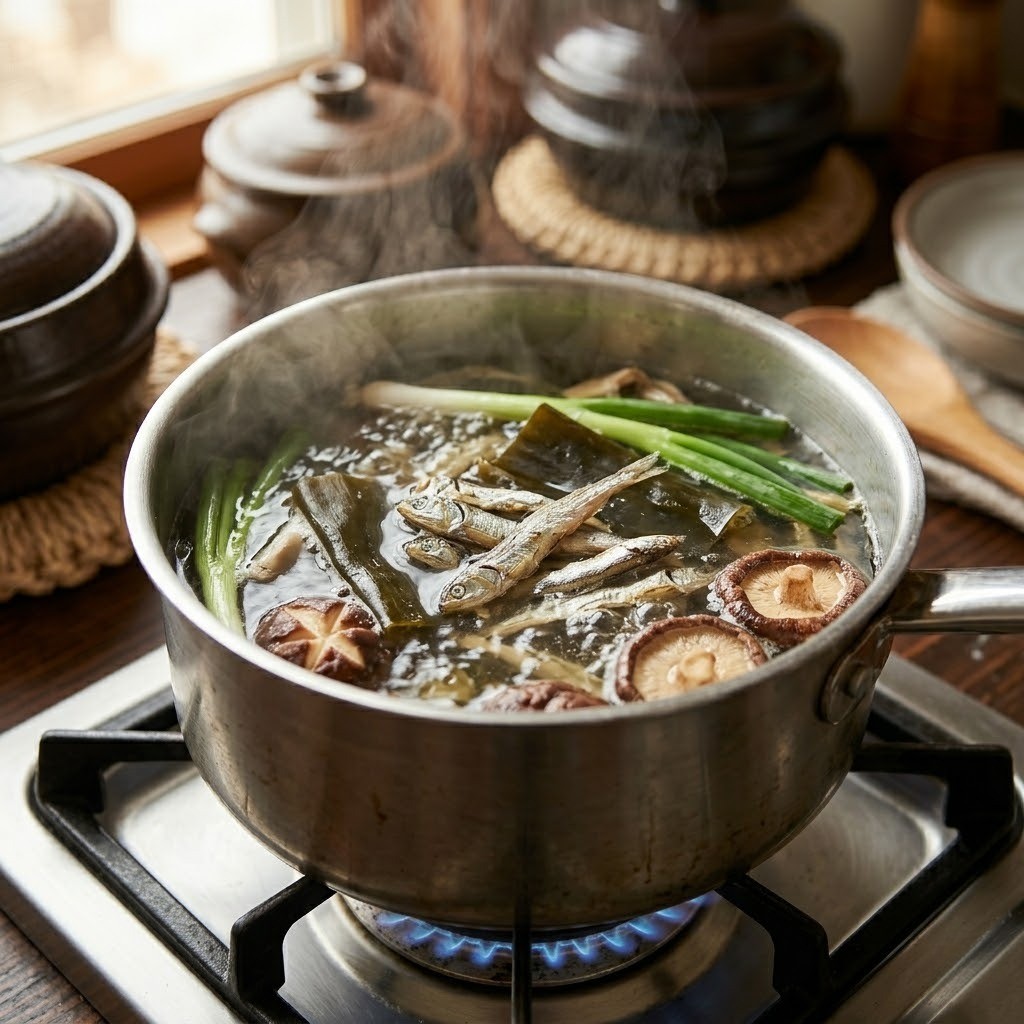 파, 표고버섯, 다시마, 멸치를 끓여 만드는 고추장 칼국수 기본 육수