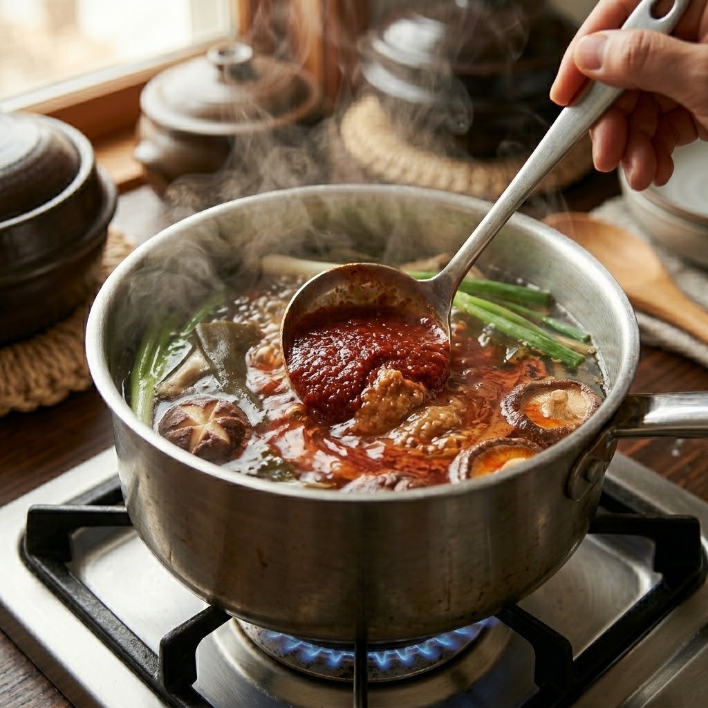 육수에 고추장과 특급 비법인 된장을 풀어 진하게 양념하는 모습