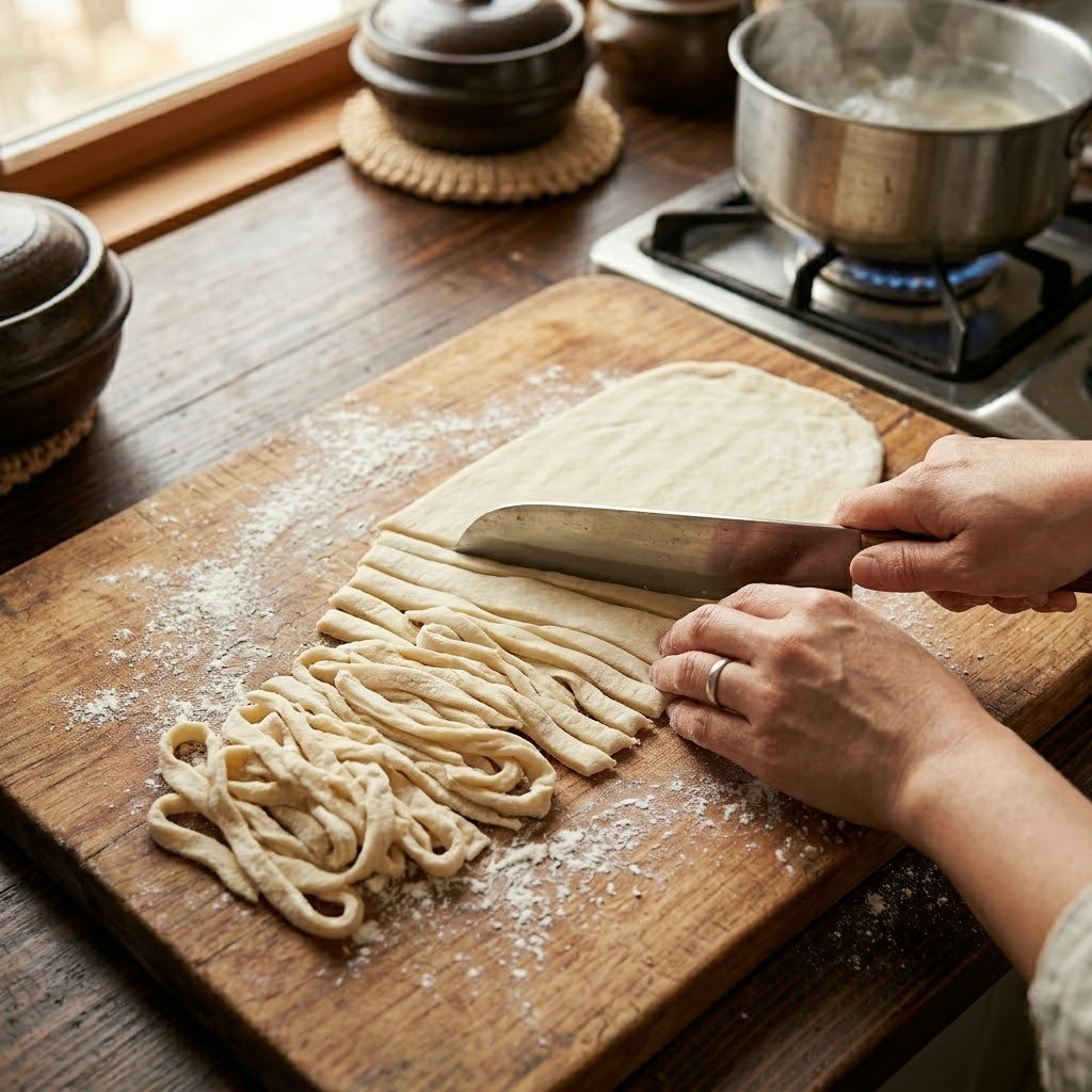 숙성된 반죽을 밀대로 밀어 썰어낸 수타면을 끓는 물에 따로 삶는 모습