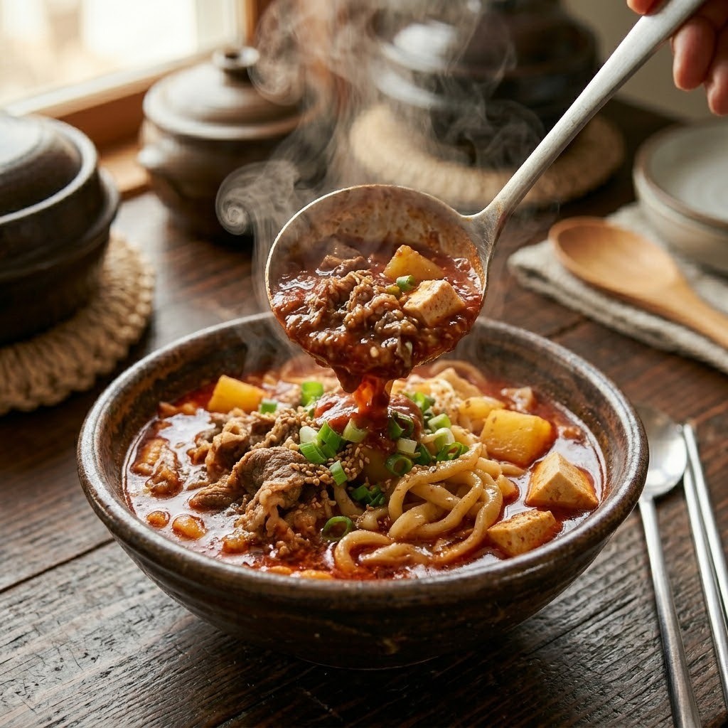 두부와 대파를 넣고 완성한 고추장찌개를 삶은 칼국수 면 위에 붓는 최종 완성 단계