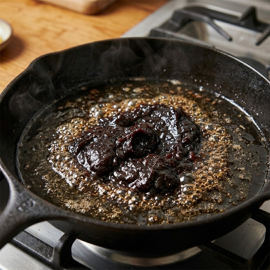 짜장 소스의 비법: 달궈진 기름에 우리밀 춘장을 튀기듯이 볶는 모습
