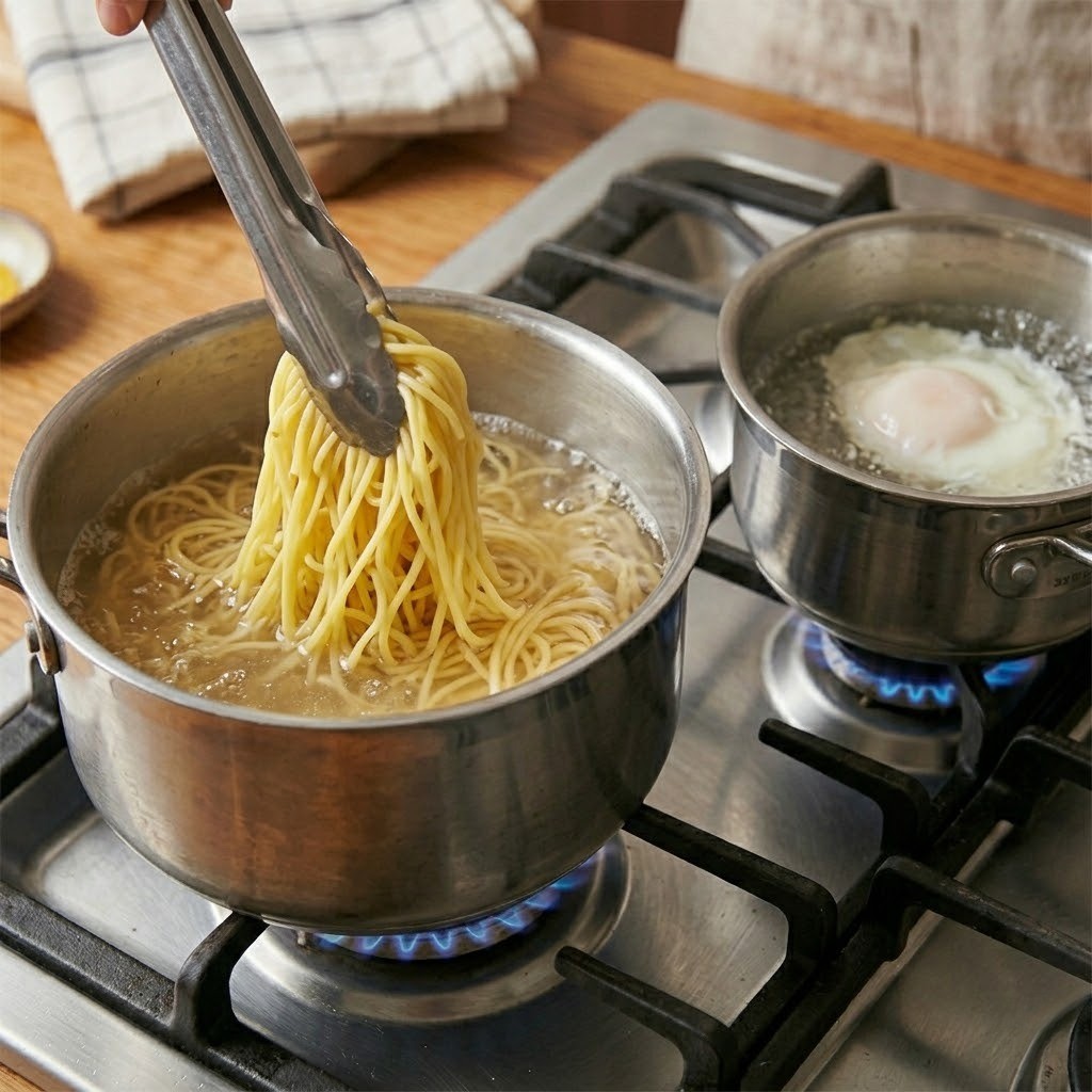 짜짜면 조리 과정: 한쪽에서는 생면을 삶고, 다른 한쪽에서는 아이용 토핑을 위한 수란을 익히는 모습