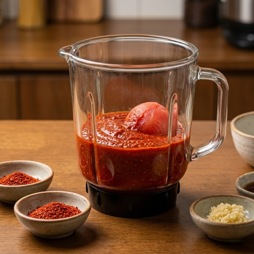 고추장, 토마토 등 재료를 블렌더로 곱게 간 특제 불닭 소스