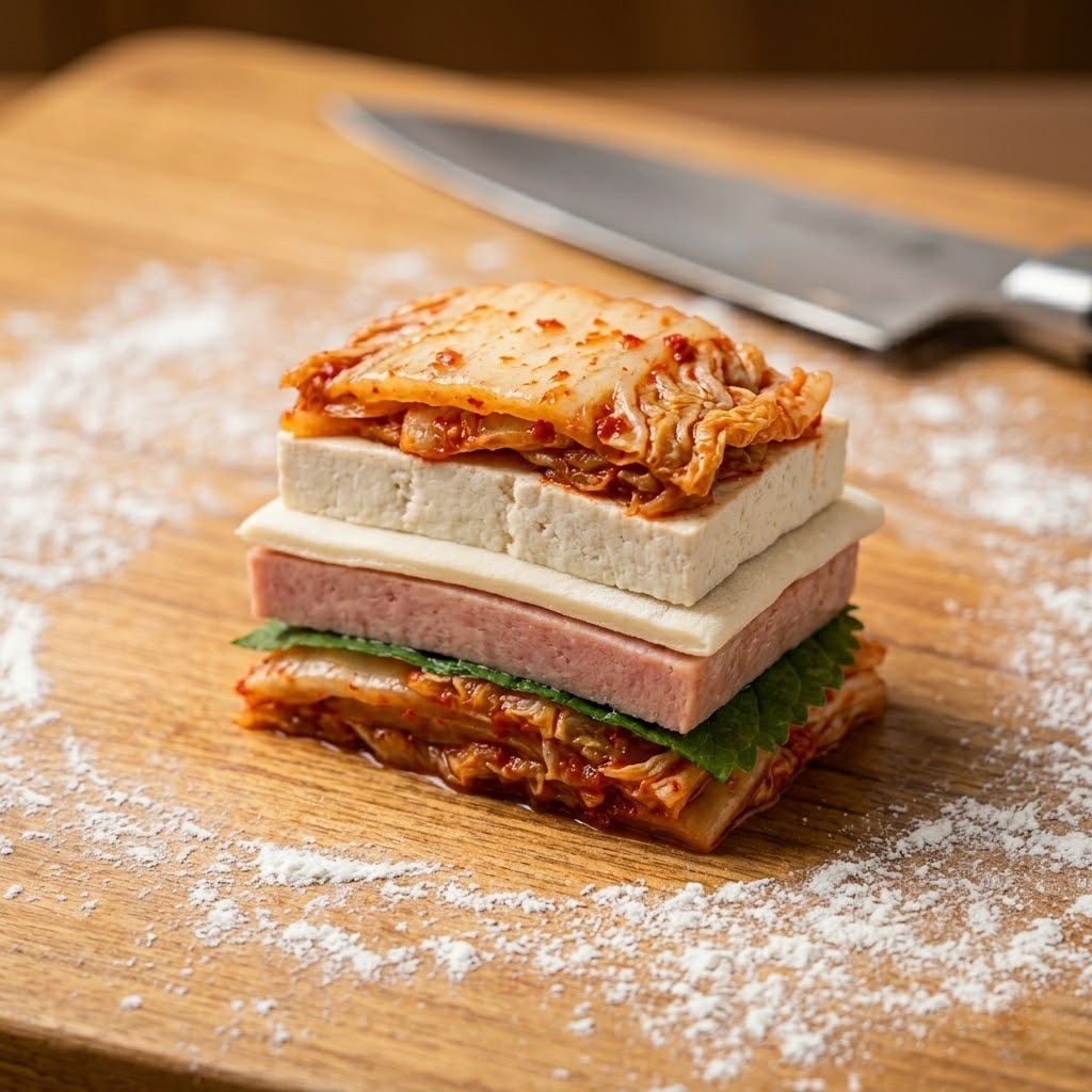 김치, 깻잎, 햄, 수제비 반죽, 두부 순으로 켜켜이 쌓아올린 밀푀유 단면
