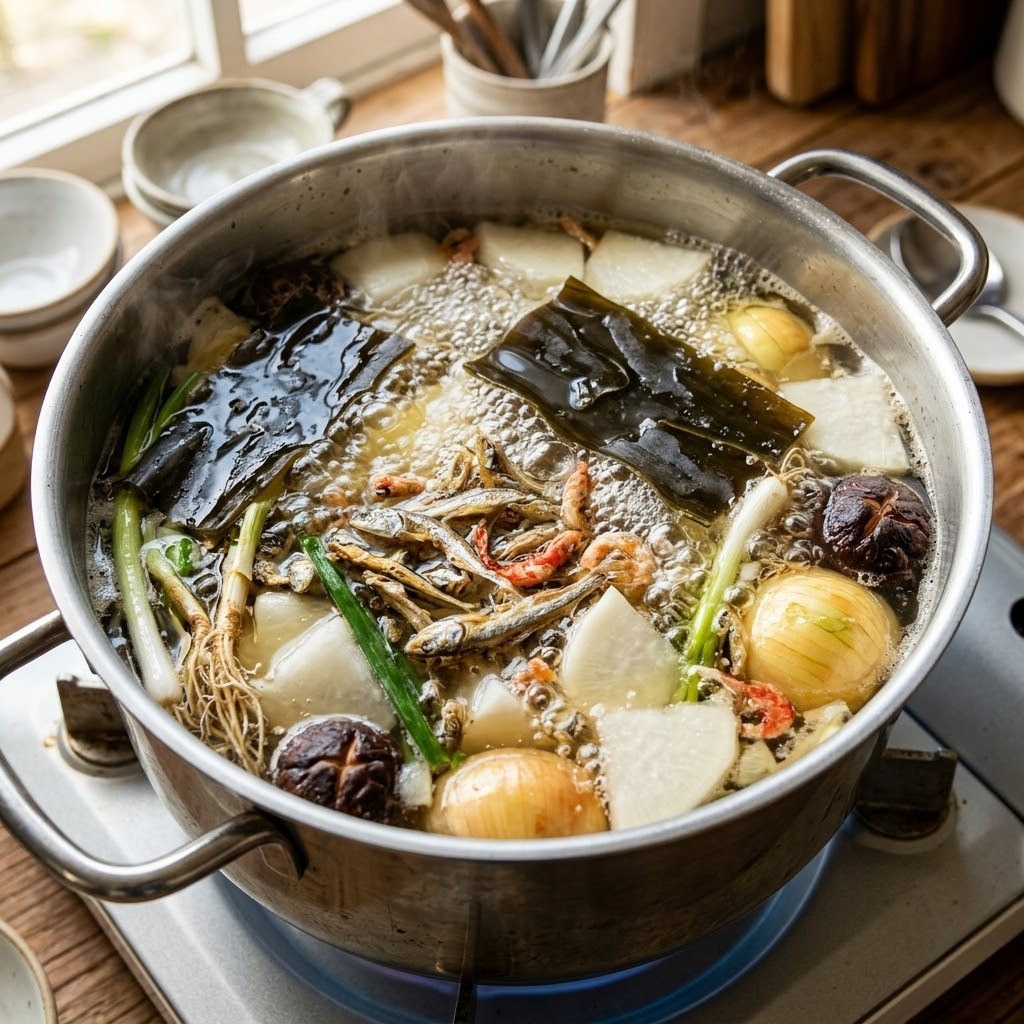 냄비에 물 4L와 볶은 해산물, 양파, 무, 대파, 다시마를 넣고 1시간 이상 끓이는 만능 간장 육수 내기