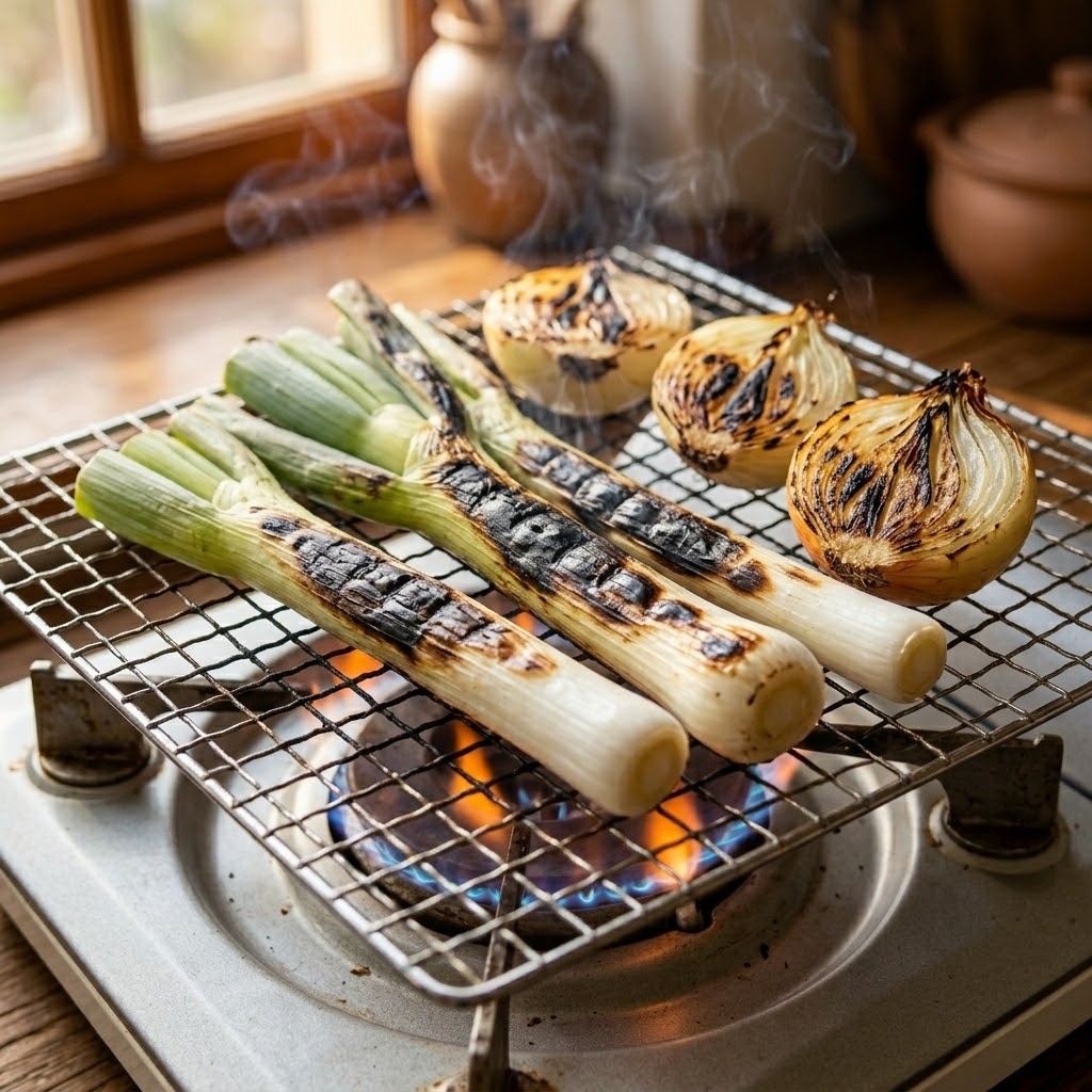 석쇠에 직화로 구운 대파와 양파를 넣어 불맛을 더하고 청주로 잡내를 잡는 모습