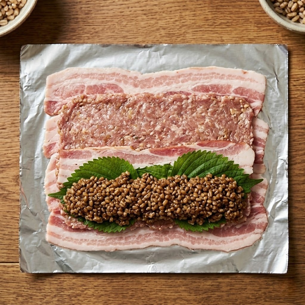 포일 위에 대패삼겹살, 고기 반죽, 베이컨, 깻잎 순으로 깔고 한쪽 끝에 된장 보리밥을 올려 롤 형태로 말기 직전의 모습