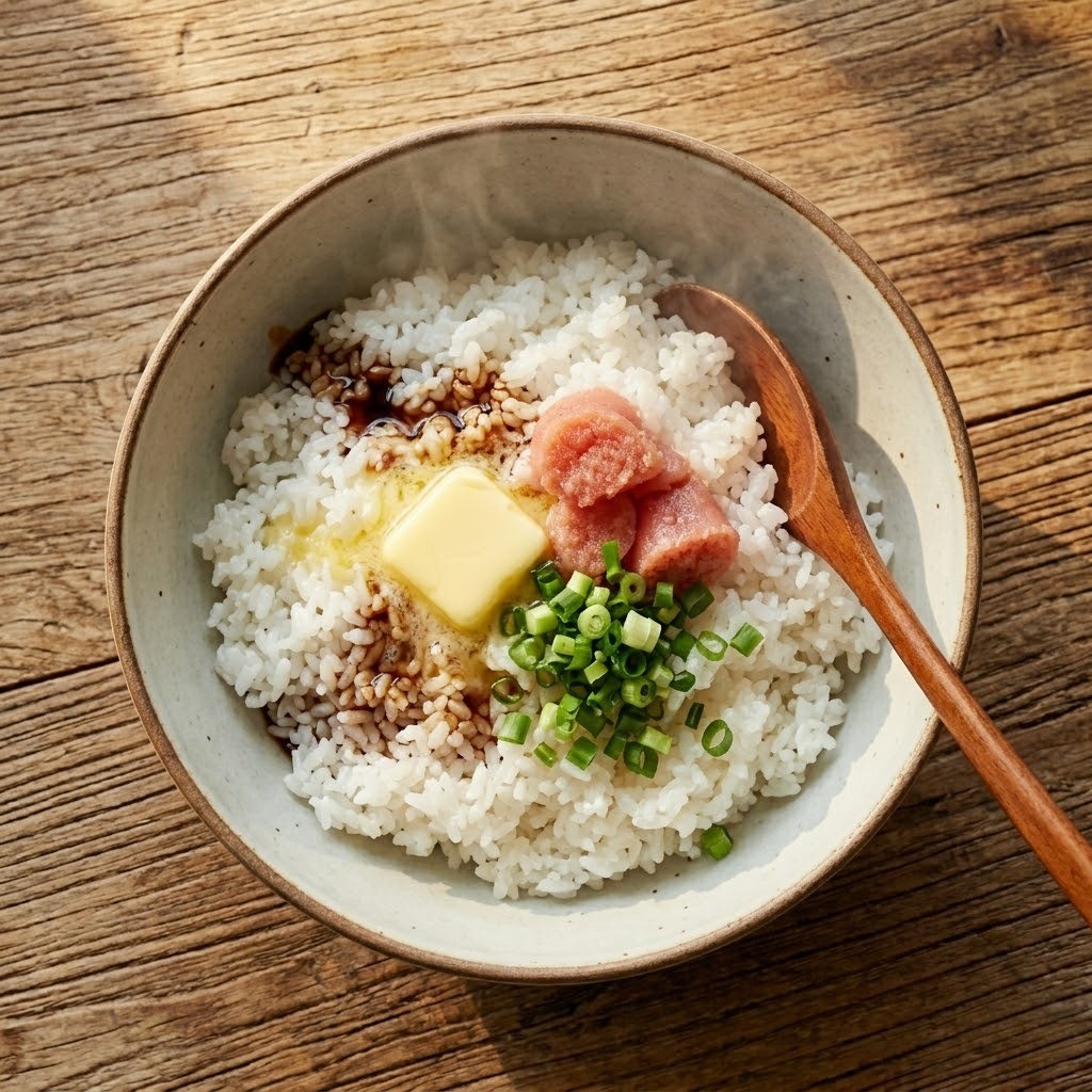 밥에 버터, 명란, 간장을 넣고 맛있게 비비는 과정 - 이정현 버터 간장 삼각밥 3단계