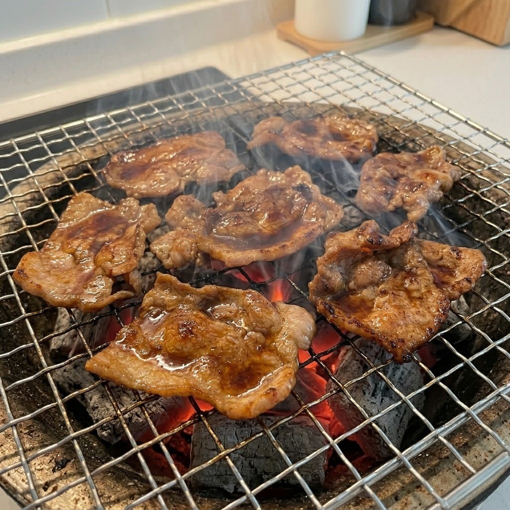 구운 돼지고기를 참숯 석쇠에 올려 불향을 입히는 훈연 과정