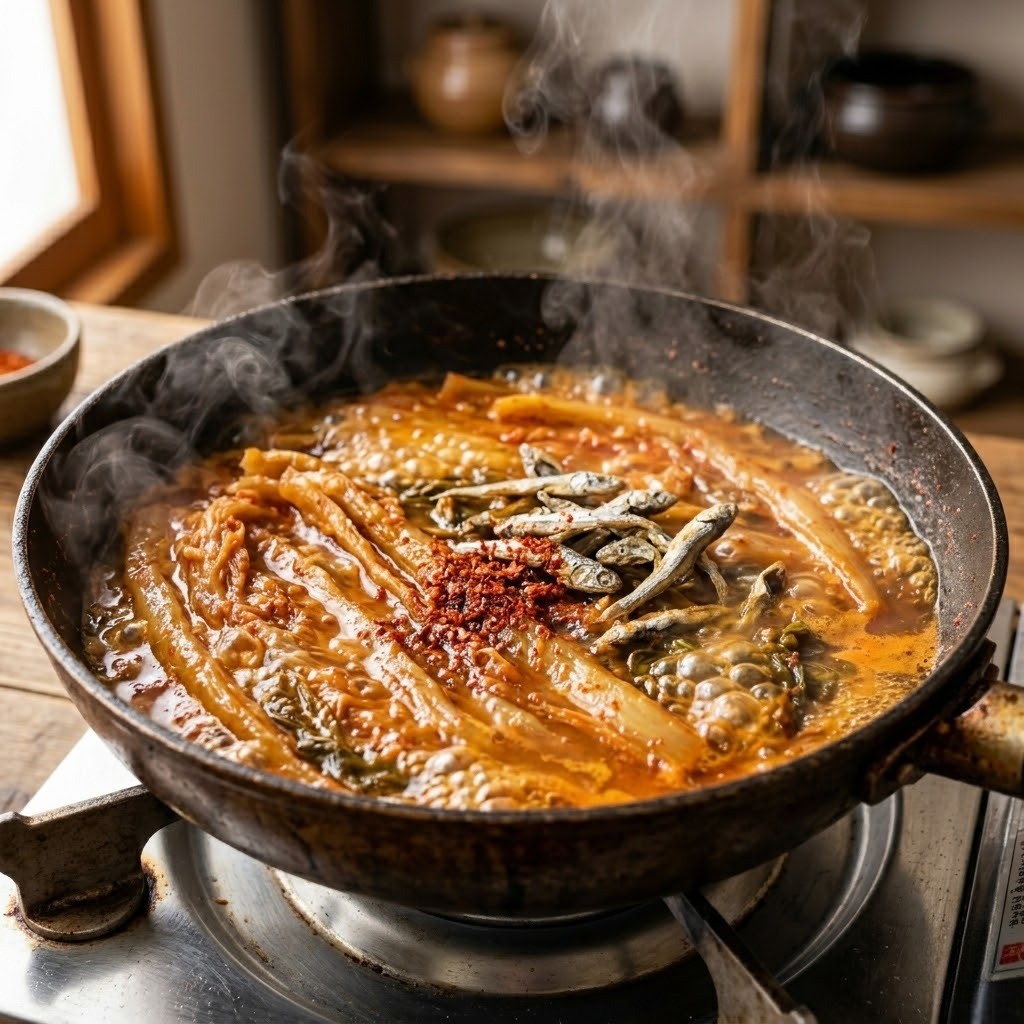 멸치 내장을 제거하고 마른 팬에 볶은 후, 묵은지와 양념을 넣고 끓이는 조리 과정
