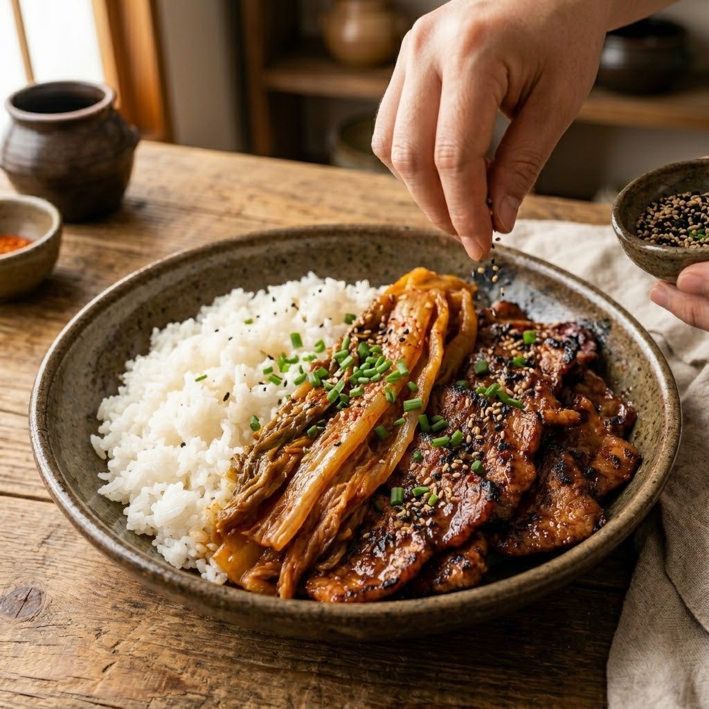 오목한 그릇에 흰 쌀밥, 윤기 나는 간장 양념 돼지구이, 푹 지진 묵은지 찜을 가지런히 담고 영양 부추와 깨를 뿌려 플레이팅 하는 모습