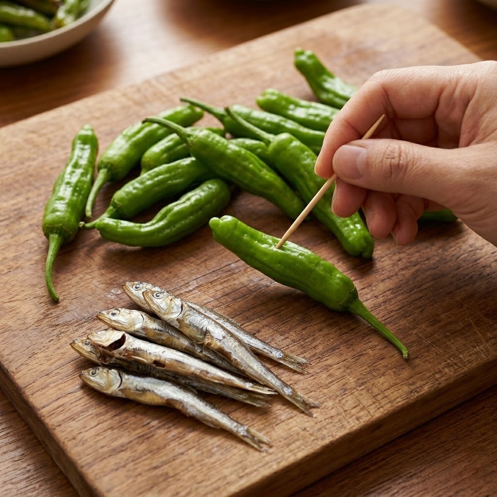 정일우 꽈리고추멸치조림 1단계: 멸치 똥 제거 및 꽈리고추 이쑤시개 구멍 뚫기 손질법