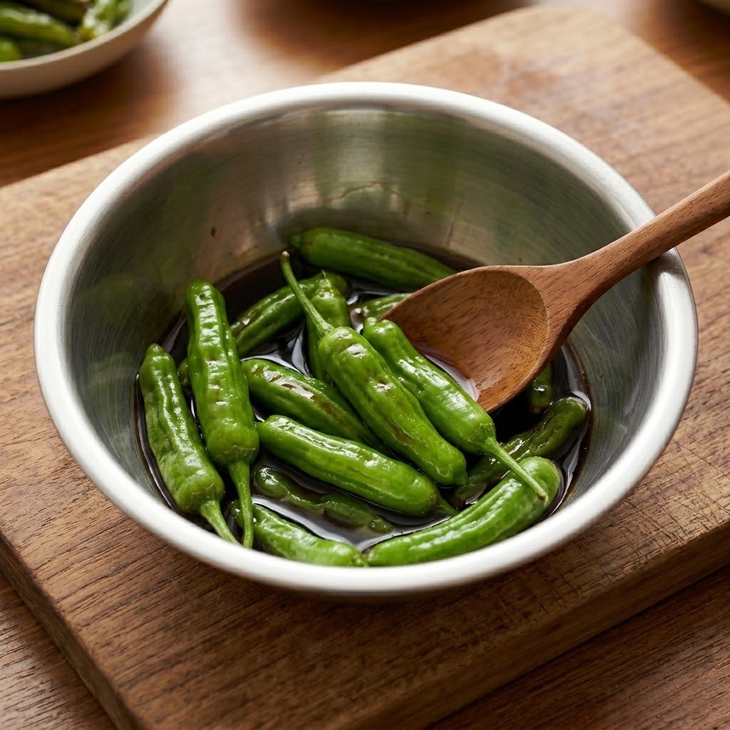 정일우 꽈리고추멸치조림 2단계: 꽈리고추에 진간장 조선간장 황금비율 양념 밑간하기
