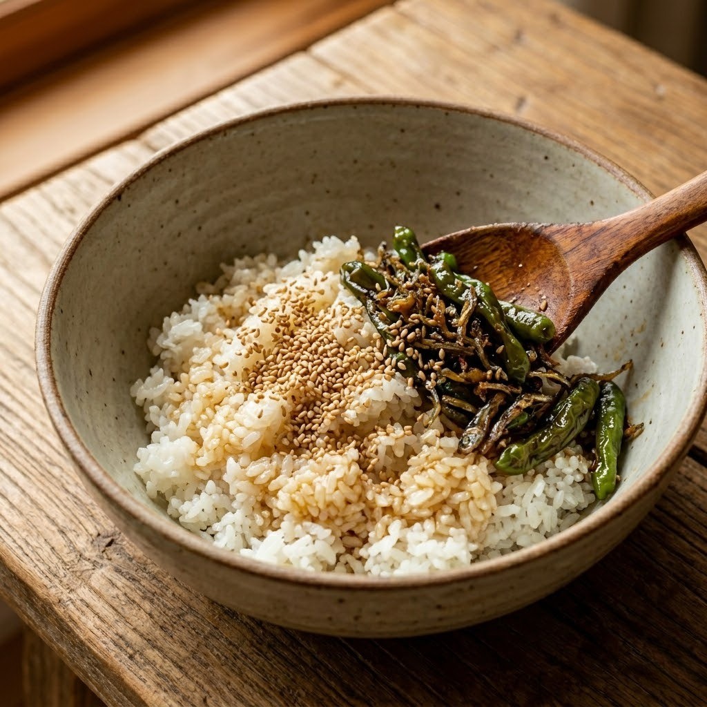 정일우 멸치쌈밥 3단계: 국물을 자작하게 졸인 꽈리고추 멸치조림을 쌀밥과 참기름에 비비는 과정
