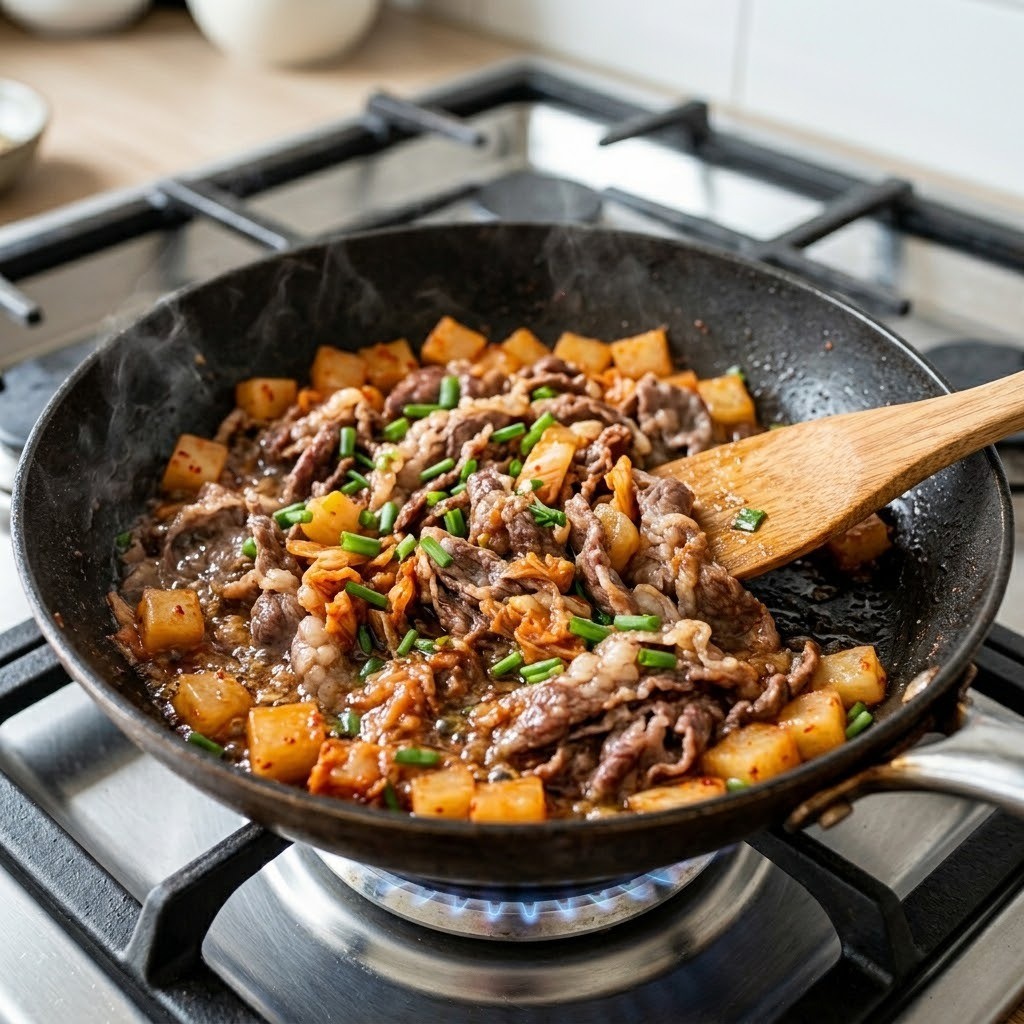 프라이팬에 밑간한 차돌박이와 다진 파, 깍두기를 볶아 맛있는 파기름과 고기 기름을 내는 모습