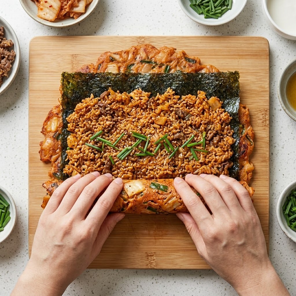 김치전 위에 김밥 김, 차돌 깍두기 볶음밥, 조선부추를 올리고 김밥처럼 단단하게 돌돌 말아 식히는 모습