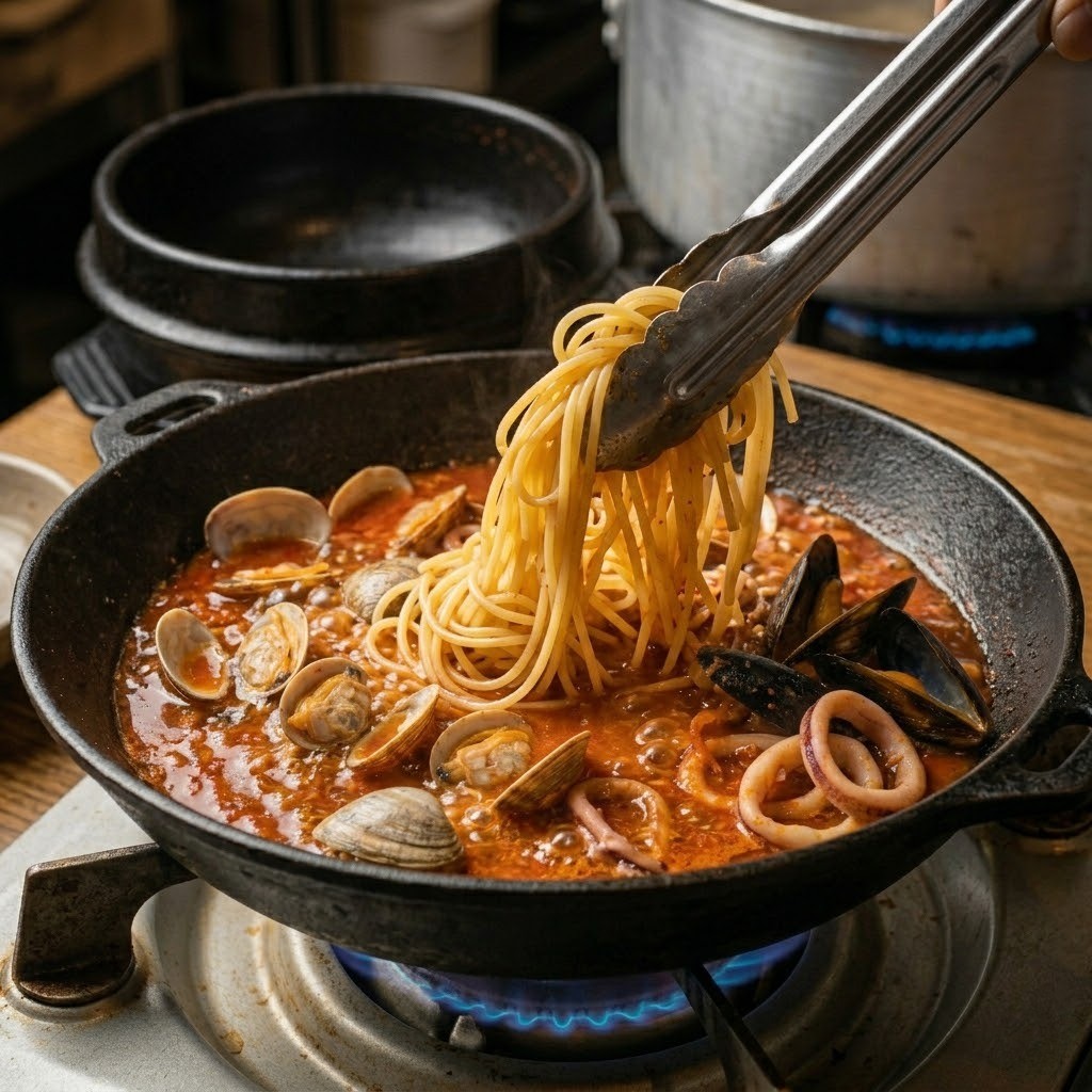 면 합치고 뚝배기에 세팅하기: 반쯤 익힌 스파게티 면을 끓는 해물 육수에 넣는 모습과 뚝배기에 완성된 국물 파스타와 누룽지 고명을 올린 모습